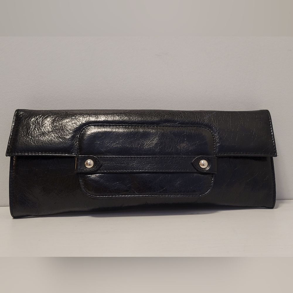 Stylish Nordstrom Made in Italy, Black Crinkled Leather Clutch Handbag